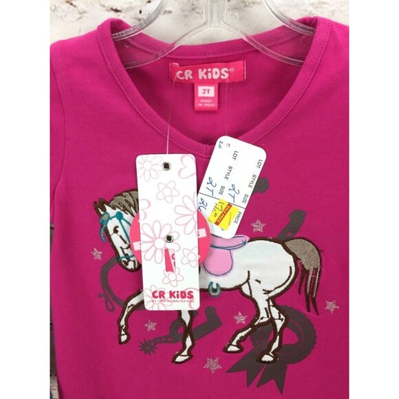 CR Kids 2T Pink Horse Graphic Tee With Striped Long Sleeves - Picture 4 of 4